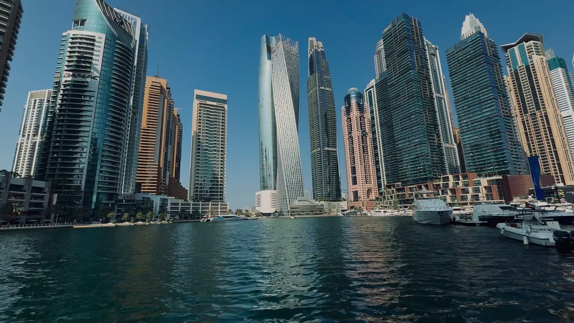 Aerial view of Emaar Beachfront towers and the Dubai coastline